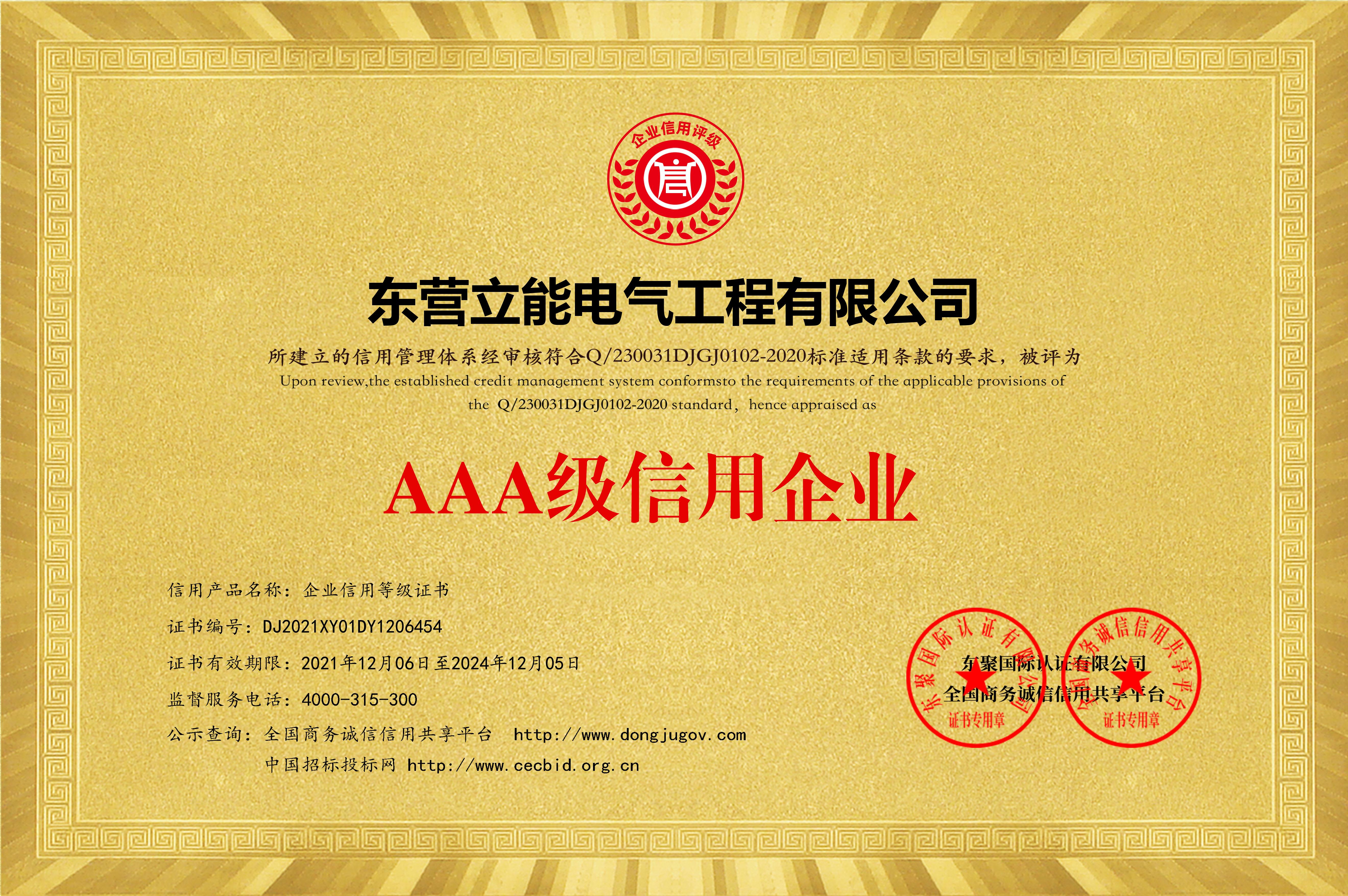 AAA級證書_黃色銅牌